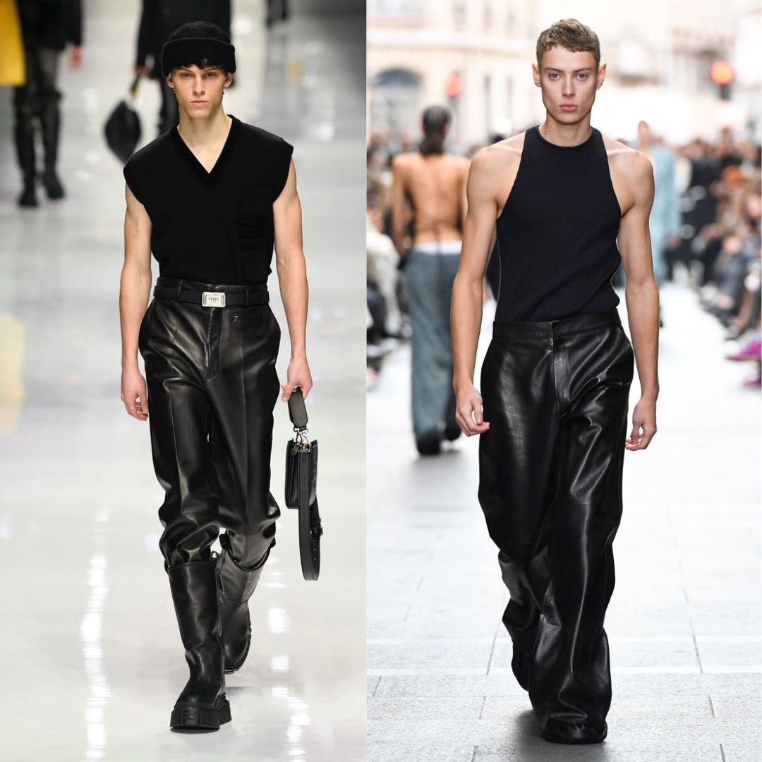 Highlighting men's leather slacks from Fashion Week, featuring trendy outfit inspirations.