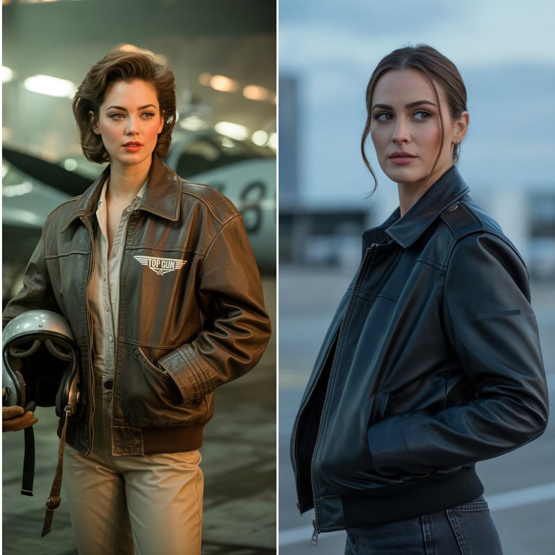 Two images of women wearing stylish leather jackets, showcasing different designs for the blog "Women Leather Pilot Jacket."