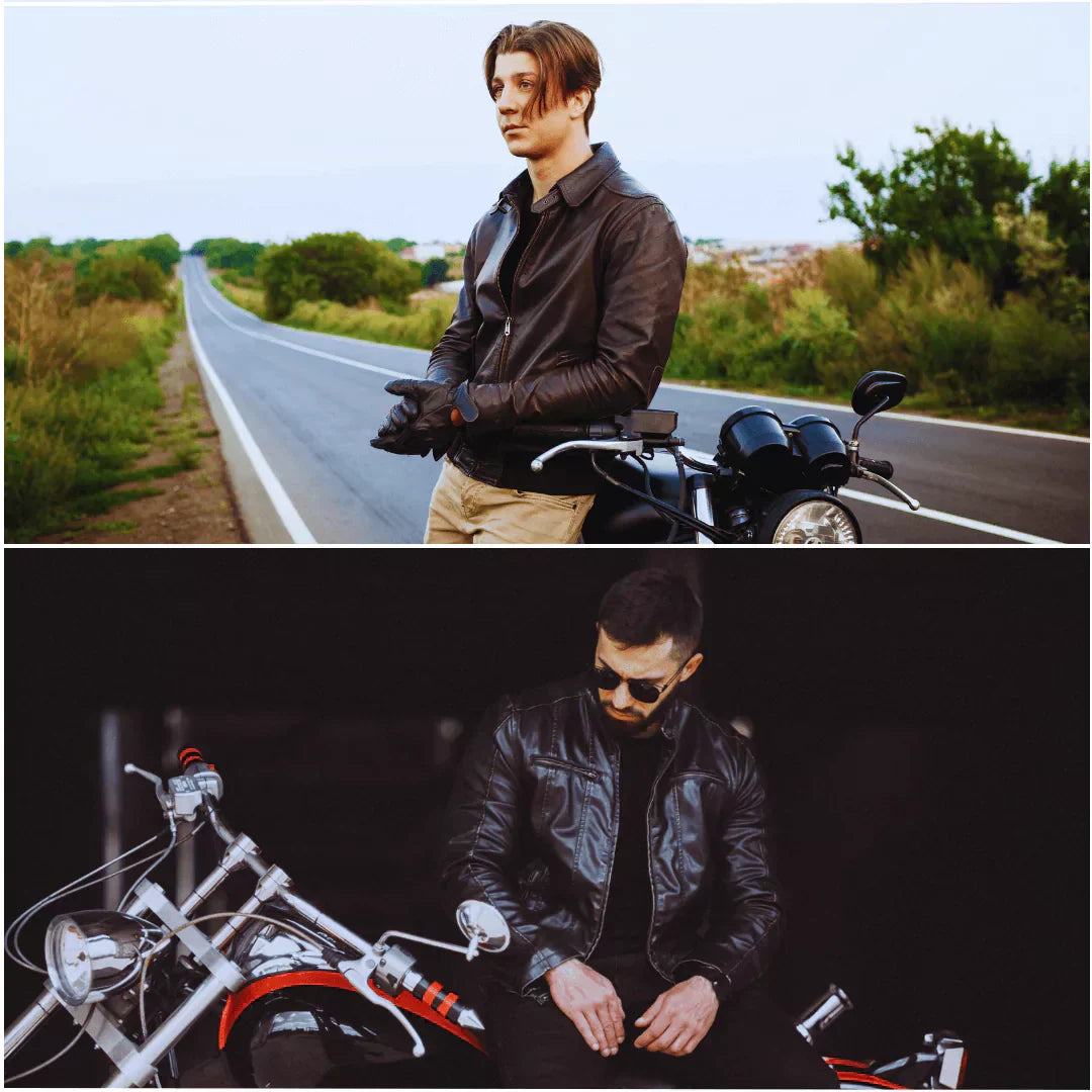 Men seated on a motorcycle in two images, highlighting the Italian leather biker jacket discussed in the blog.