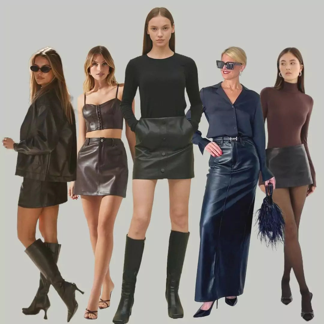 Banner image showing five confident women standing tall and posing stylishly, each wearing a different type of leather skirt—mini, midi, pleated, wrap, and high-waisted—styled with trendy tops and accessories for cool and modern outfit ideas.