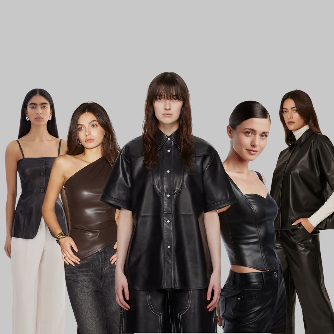 A group of models showcasing trendy leather shirts and tops for 2025, posing confidently in stylish leather outfits.