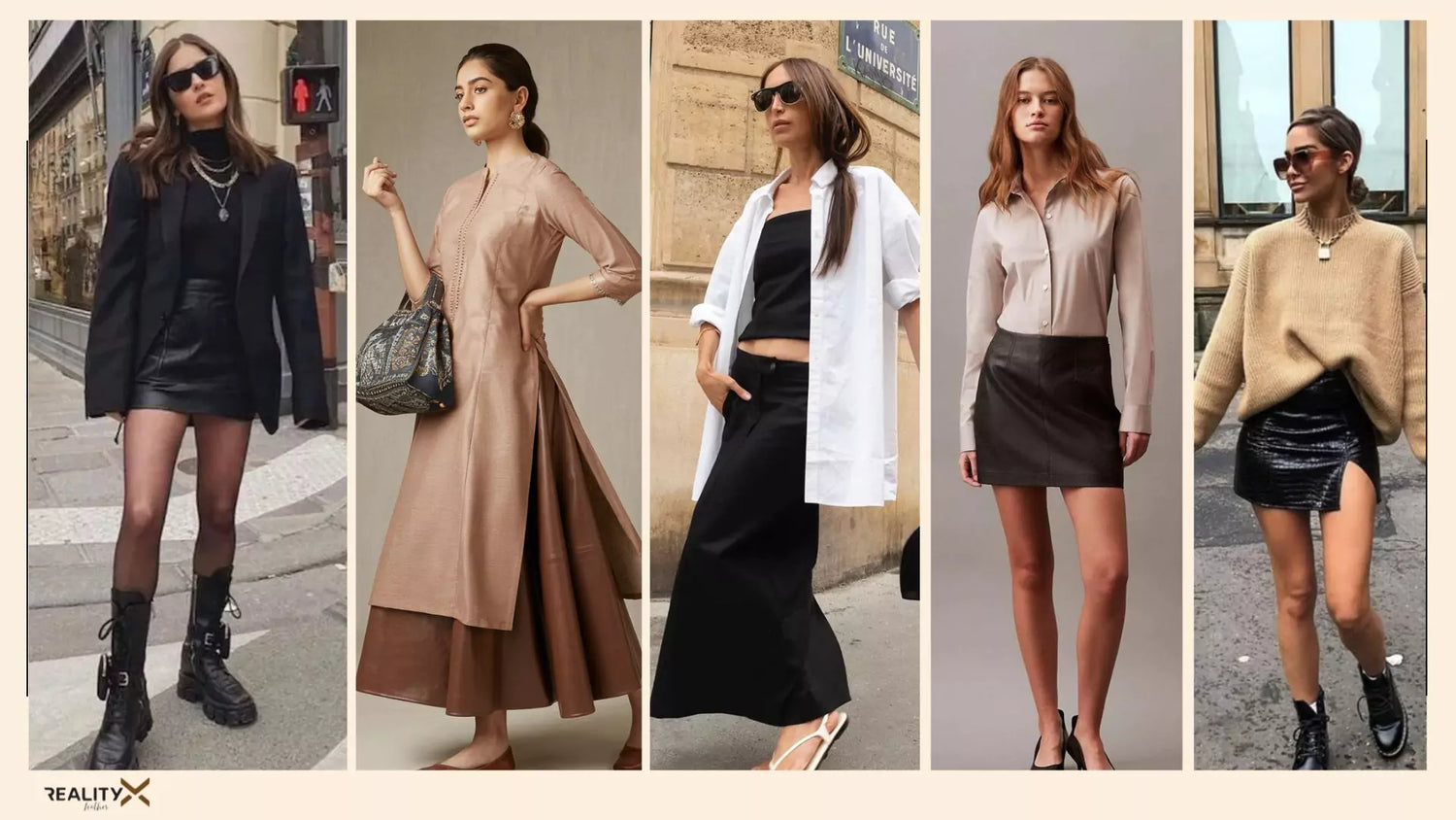 A feature image displaying five stylish Gen Z outfit ideas for 2025, showcasing different ways to wear a leather skirt