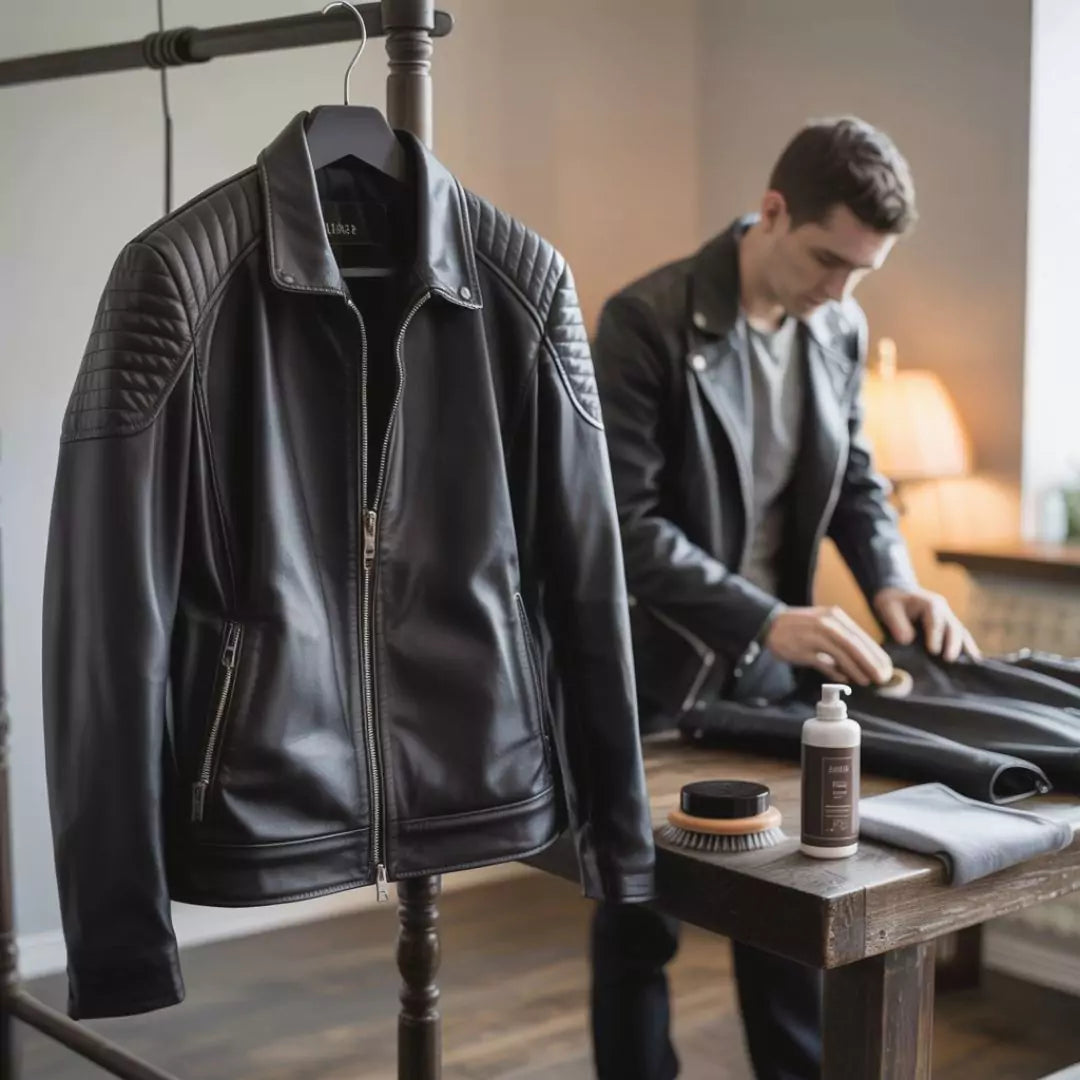 A man is focused on repairing a leather jacket, representing the blog's theme of precise caring tips for leather care.