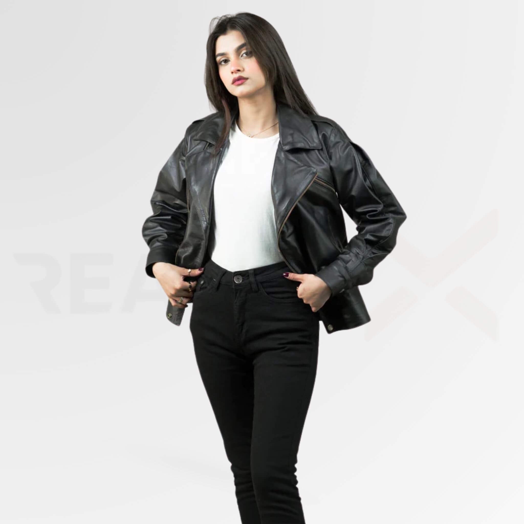 Wide-Hem Bomber leather Jacket