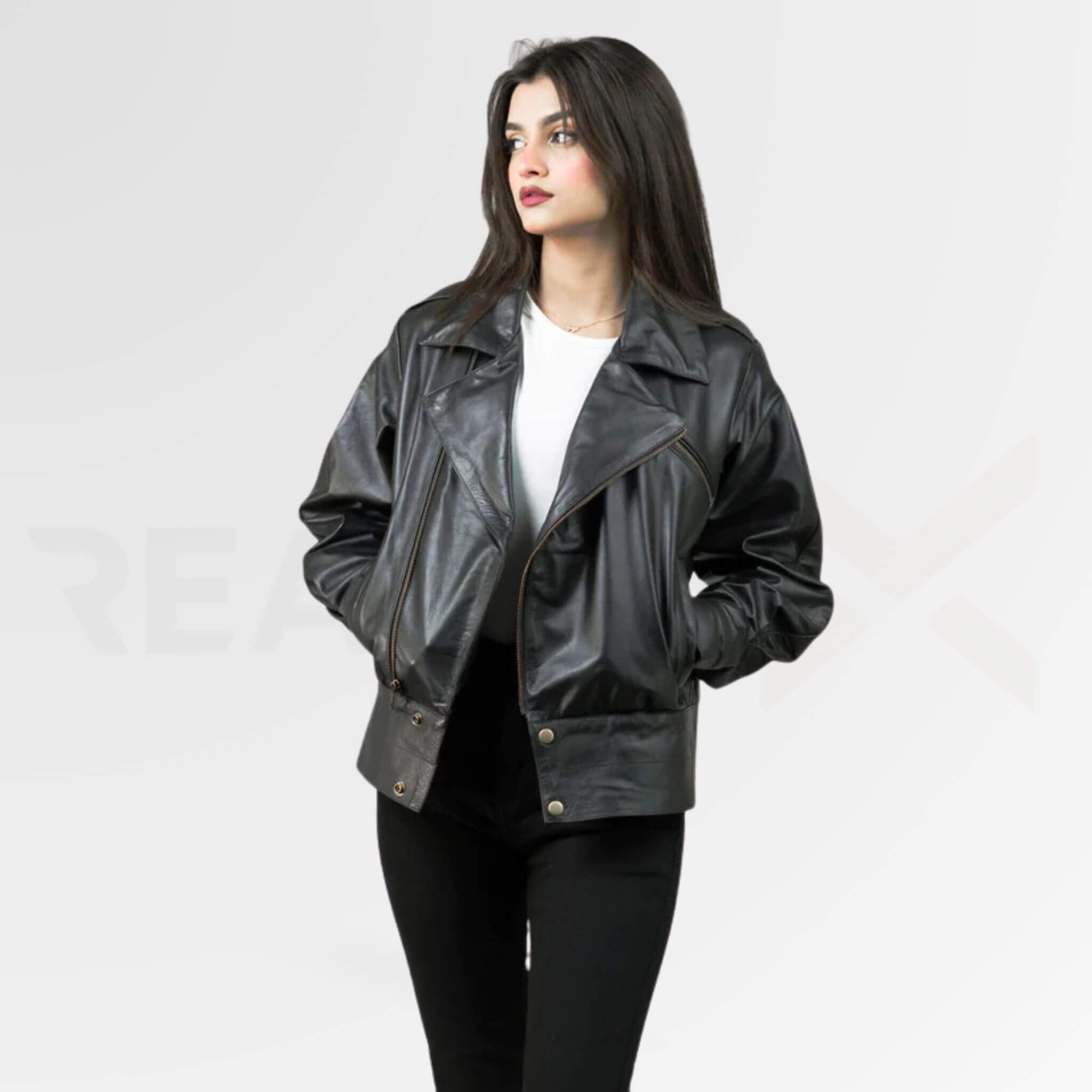 Wide-Hem Bomber leather Jacket