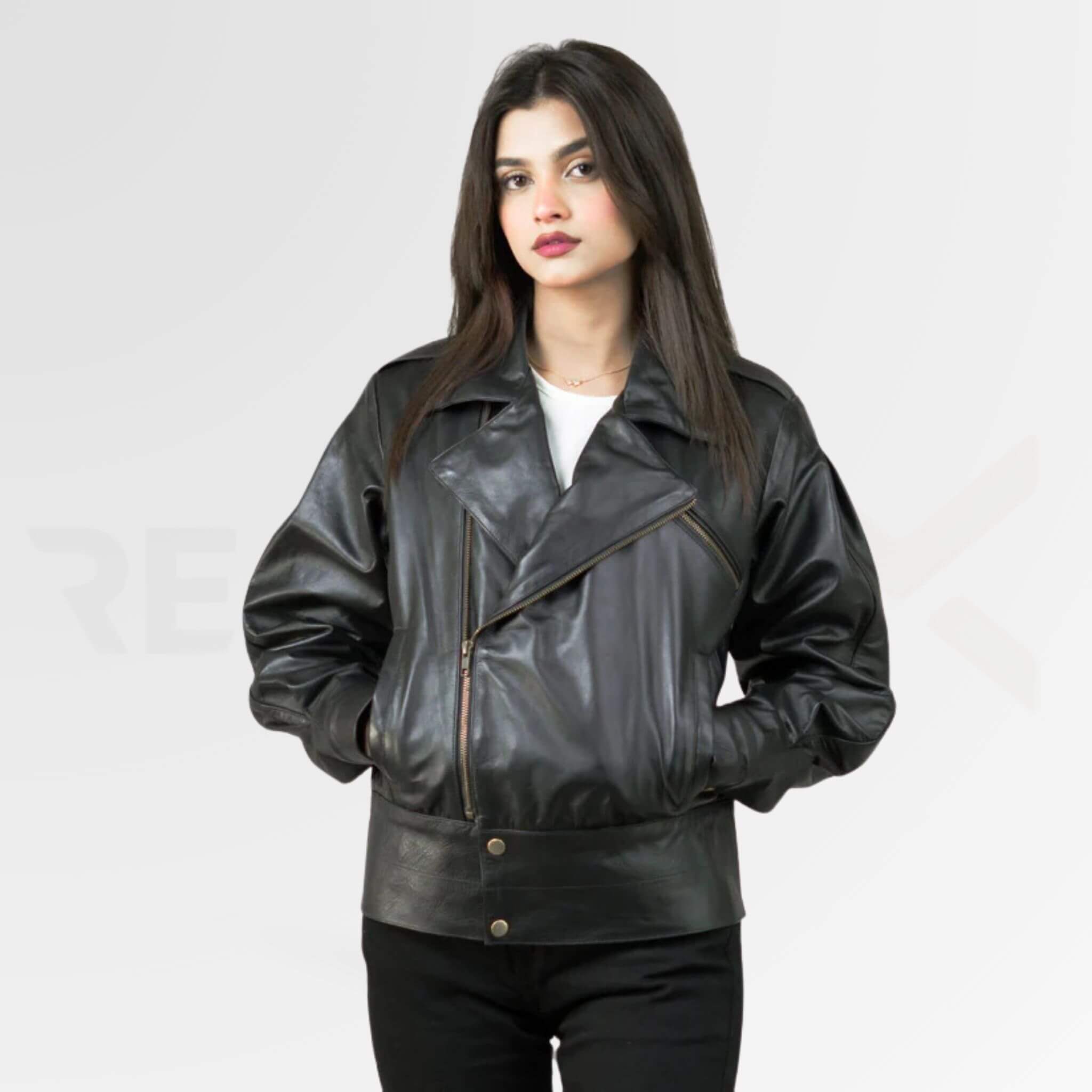 Wide-Hem Bomber leather Jacket