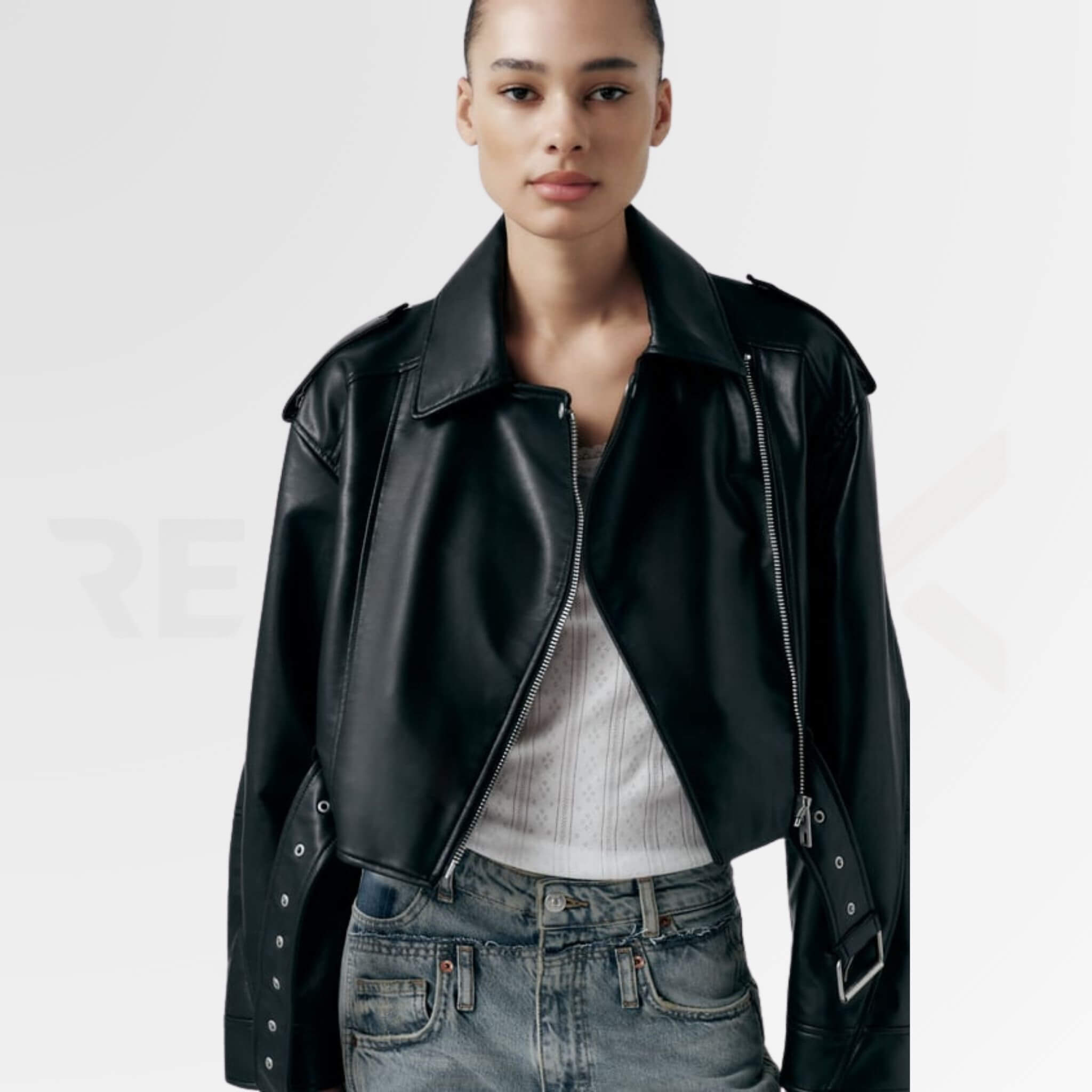 Black Cropped Motorcycle Leather Jacket