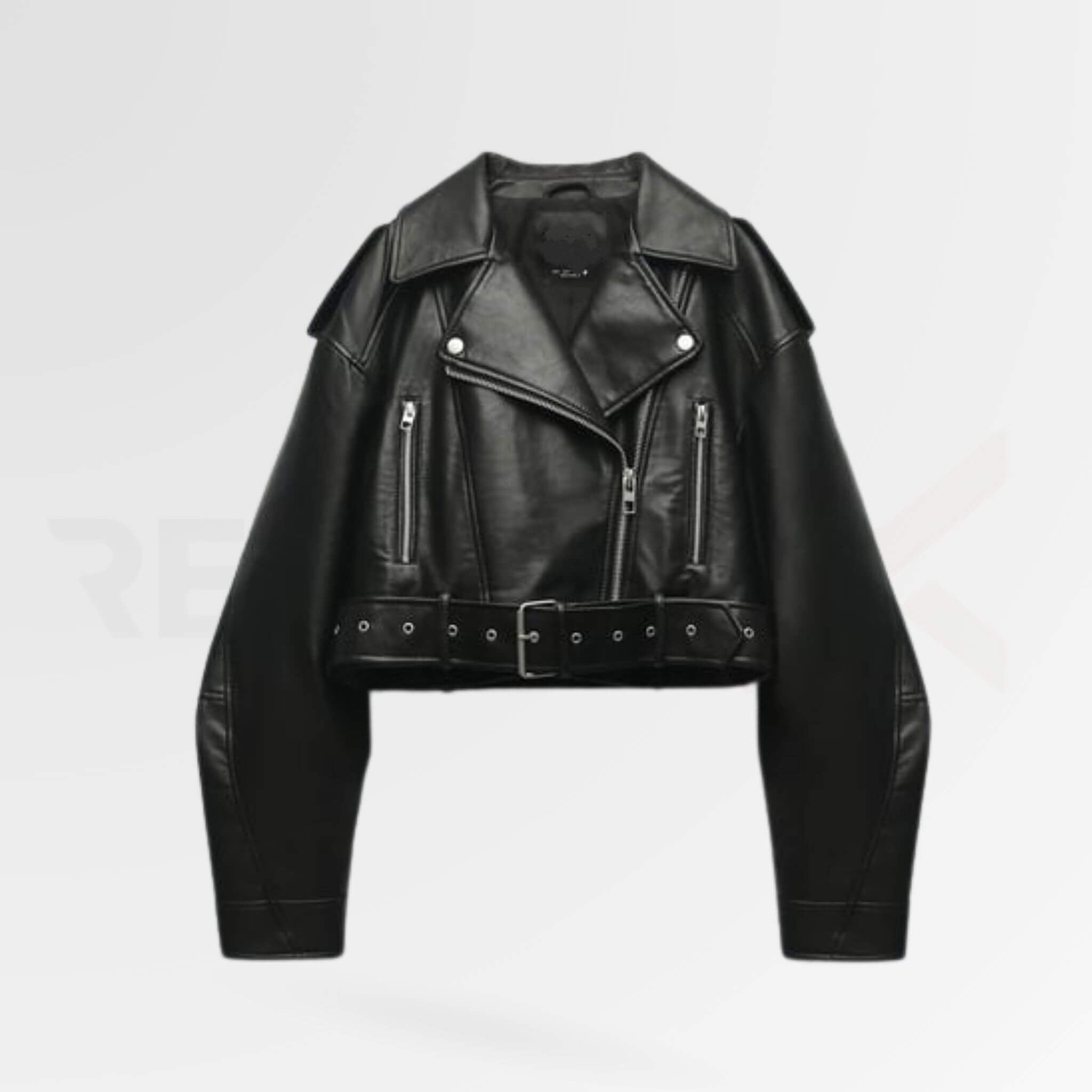 Black Cropped Motorcycle Leather Jacket