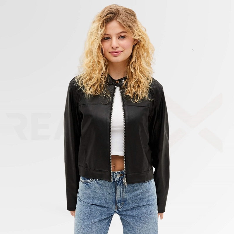 Round-Neck  Motorcycle Leather Jacket