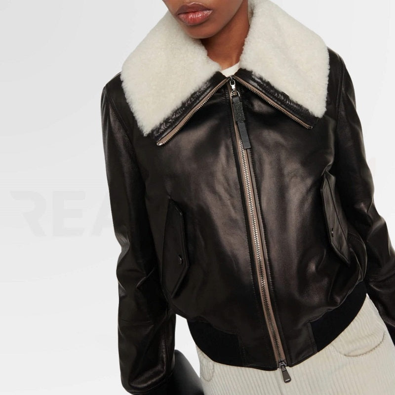 Bomber Leather Jacket With Fur Collar