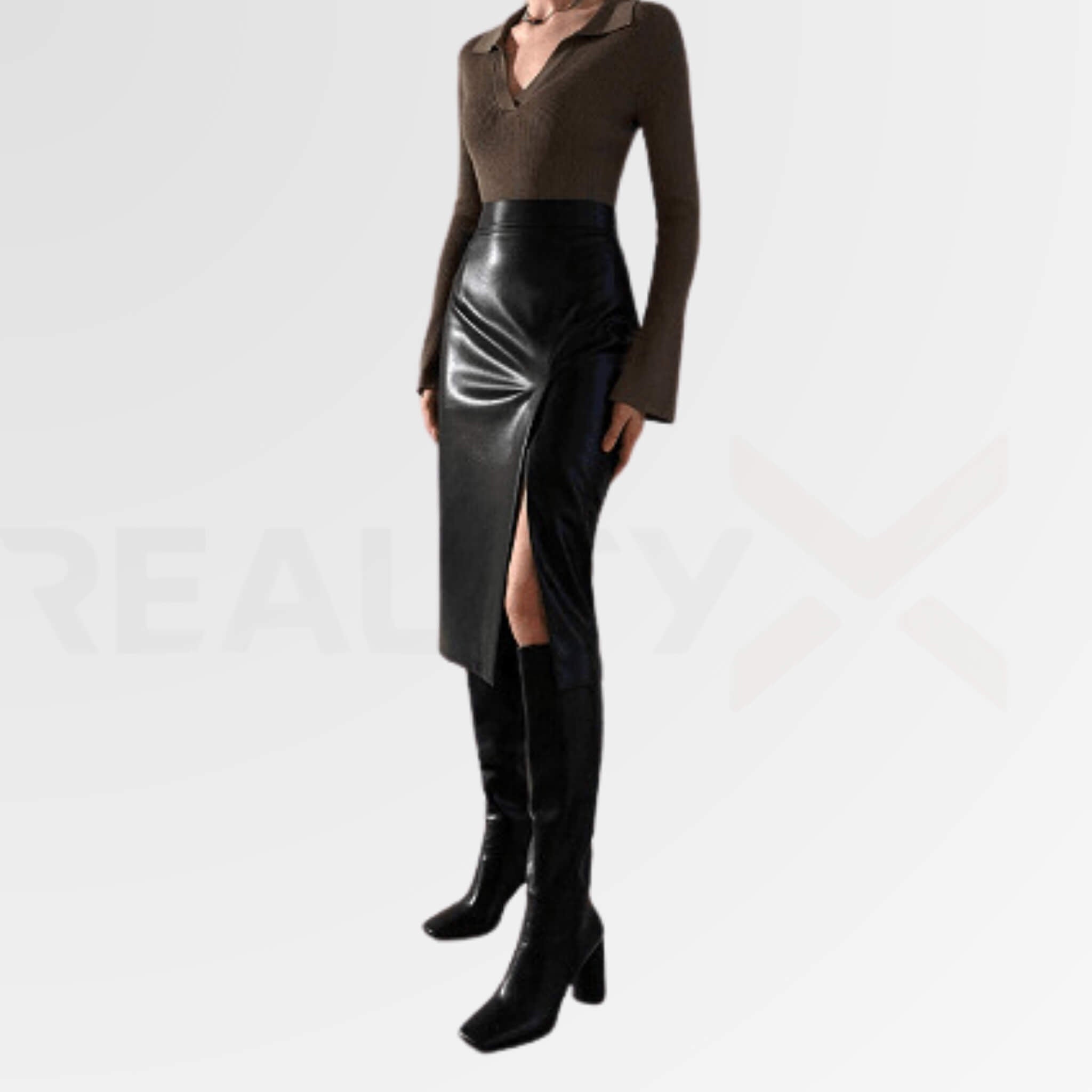 Leg-Slit Leather Pencil Skirt