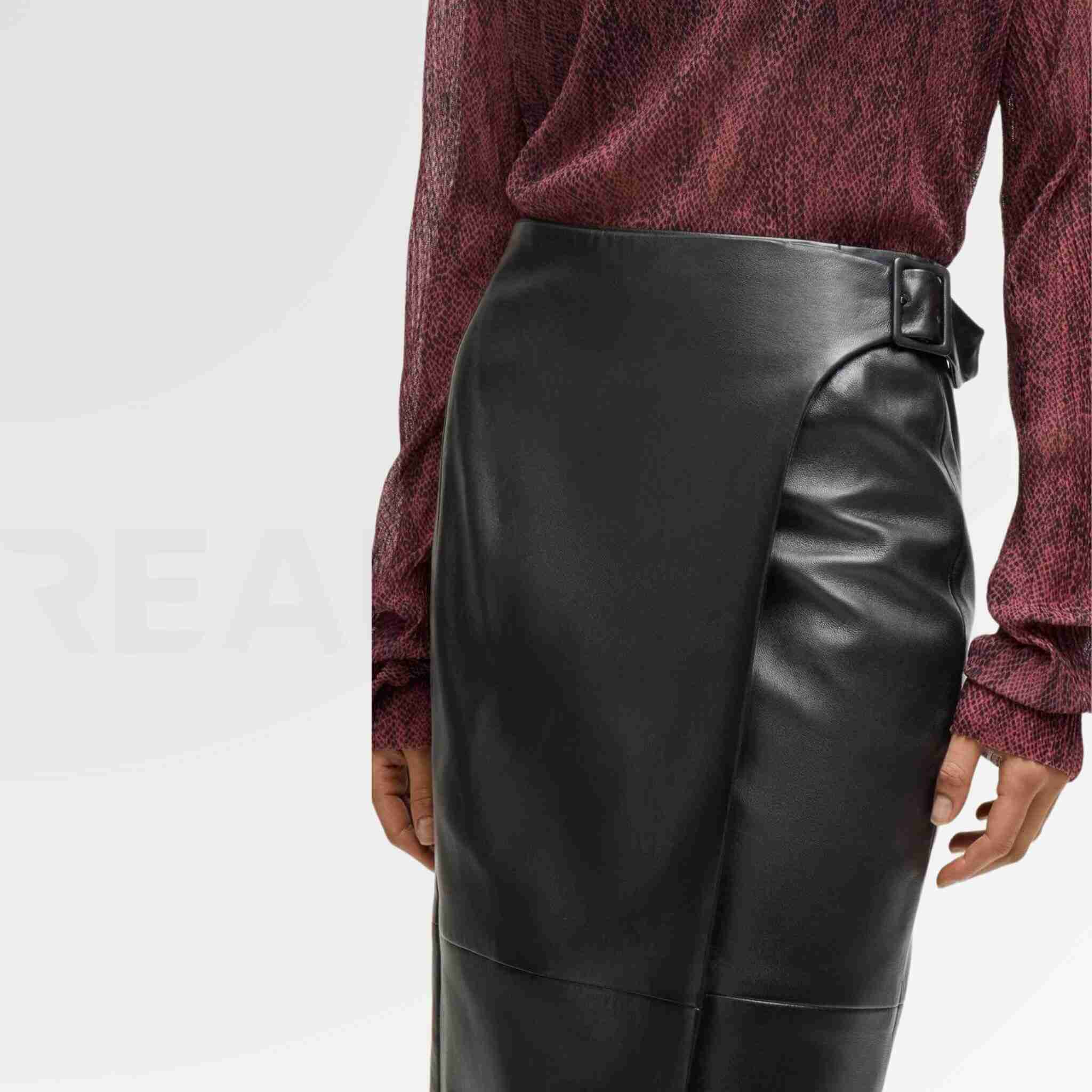 Buckled-Wrap Leather Skirt