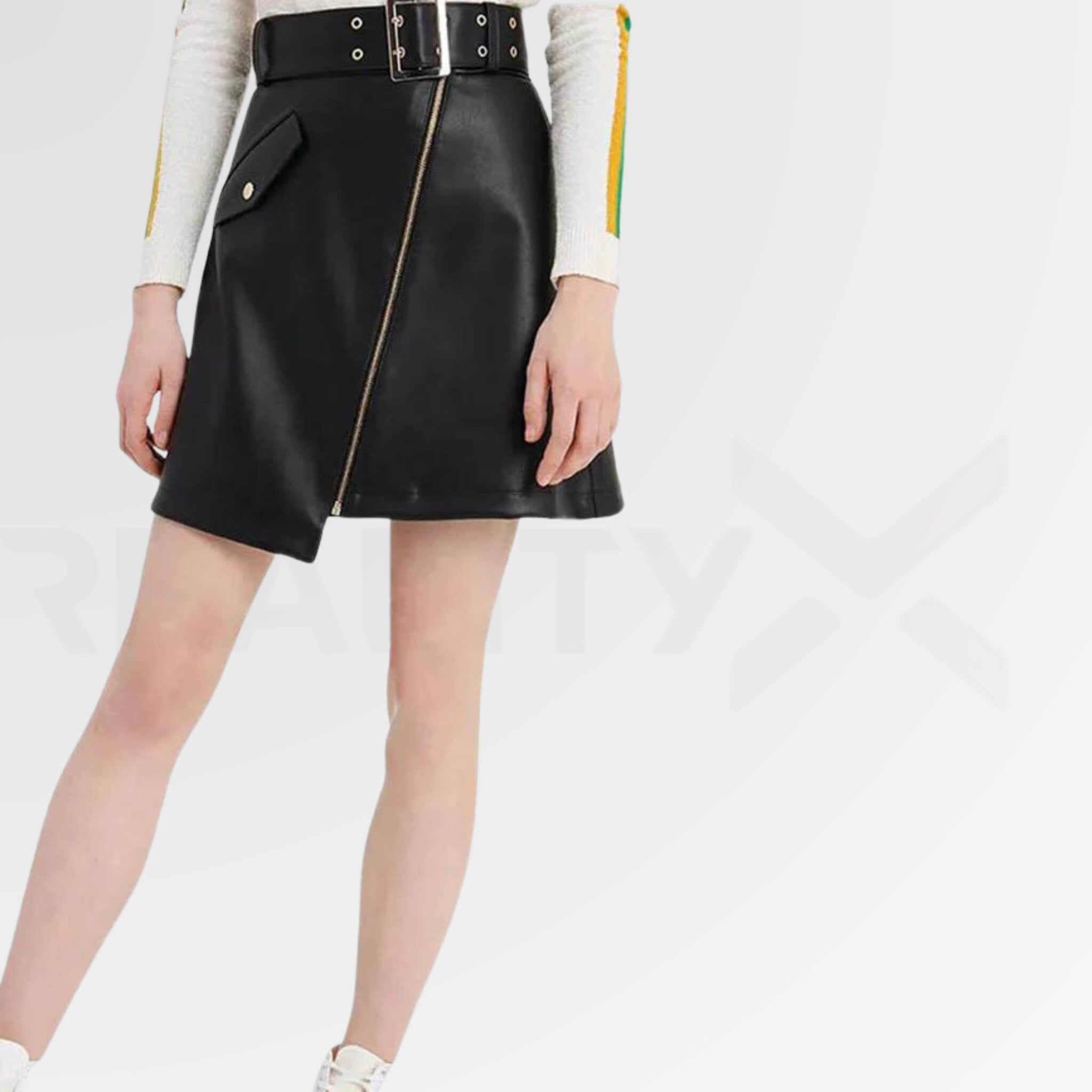 Crossed Leather Skirt With Belt